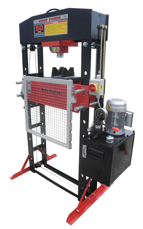 50 Ton Electric Hydraulic Shop Press With Adjustable Carriage Height And Carriage Winch, precise pressure gauge, steel frame