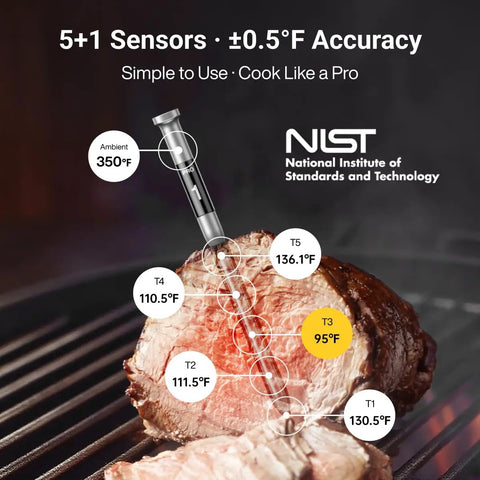 Ultra Long Range Wireless Meat Thermometer With Sub 1G Tech 6 Sensors NIST Certified Accuracy in roast beef on grill