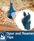 Bosch DSB5013P 13-piece Daredevil spade bit set in pouch; blue spade bit drilling into wood with chips.
