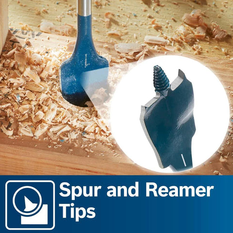 Bosch DSB5013P 13-piece Daredevil spade bit set in pouch; blue spade bit drilling into wood with chips.