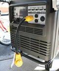 Tough As Nails 30 Amp Generator To RV Adapter Cable with Locking Nema L5 30 Male Plug connected to a generator outlet.