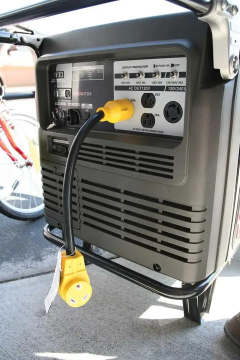 Tough As Nails 30 Amp Generator To RV Adapter Cable with Locking Nema L5 30 Male Plug connected to a generator outlet.