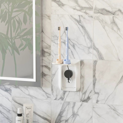 Outlet Shelf Wall Organizer For Bathrooms And Smart Homes, Space Saving Wall Mount With Cord Management, Keeps Toothbrushes Charged