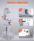 Pro Grade Heavy Duty Electric Meat Bandsaw 1500W Stainless Steel Vertical Bone Cutter with multiple protection features shown