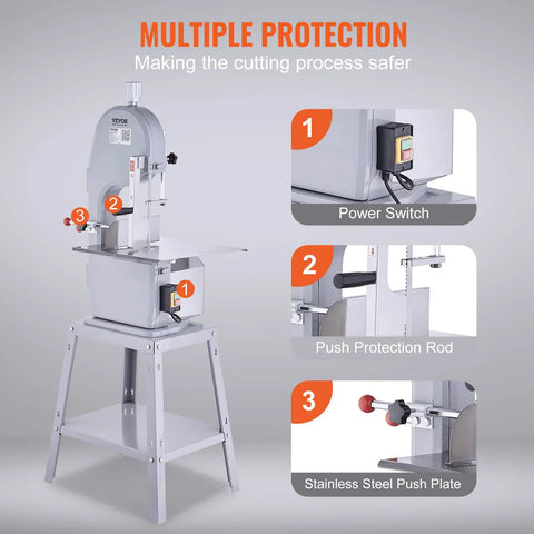 Pro Grade Heavy Duty Electric Meat Bandsaw 1500W Stainless Steel Vertical Bone Cutter with multiple protection features shown