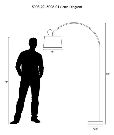 Tall Matte Black Arc Lamp With Burlap Shade Adjustable Shade Foot Step On Off Switch Nearly 7 Feet Tall scale diagram with person.