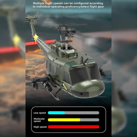 UH 1 Huey RC Helicopter For Grownups One To 48 Scale Flybarless 6CH Remote Control 2.4G Radio System in flight showing speed settings.