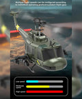 Dope UH 1 Huey RC Helicopter 1/48 Scale 6CH Gyro Stabilized With Altitude Hold in flight, showcasing speed settings.