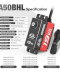 A50BHL digital servo specifications with 19 kg torque, includes metal horn, ideal for 1/10 RC cars.