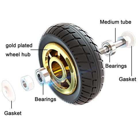 Gold plated wheel hub with bearings for heavy duty industrial caster wheels with top plate swivel and brakes for carts and workbenches.