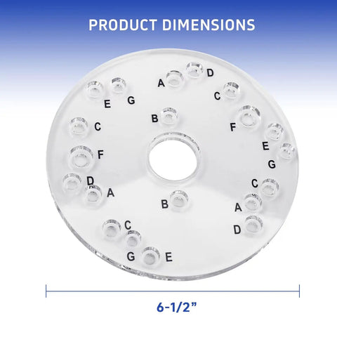 No Hassle Clear Acrylic Router Base Plate Upgrade with letter marked holes, 6.5-inch diameter for template guides.