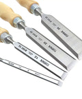 Four-piece bevel edge wood handle chisel set for real woodworking, pro grade CrMn steel blades, ergonomic oval handles