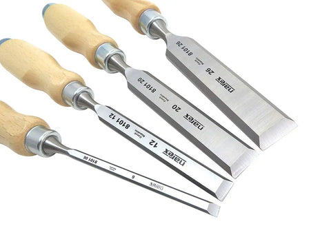 Four-piece bevel edge wood handle chisel set for real woodworking, pro grade CrMn steel blades, ergonomic oval handles
