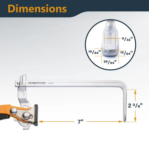 Two Pack Quick Release Ratcheting Table Clamps For MFT And Guide Rail System 7 Inch Opening And 2 And 3 Eighths Inch Throat Depth Heavy Duty Woodworking Clamp Set For Sanding Cutting And Workpiece Security, dimension diagram