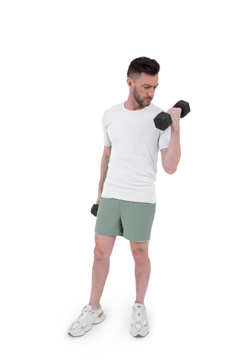 Man wearing 2 In 1 Running Shorts With Built In Liner For Men, 5 Inch Inseam, Woven Stretch Quick Dry Fabric, Hedge Green during workout