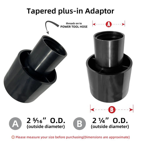 Tapered plug-in adapter for 12 Foot Dust Collection Hose Kit For Woodworking Tools, shown with measurements for outside diameter.