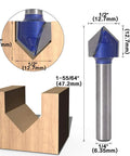 Close-up of Yakamoz router bit, 1/4 in shank, 90° V-groove; blue carbide tip; includes 1/4-1/2 in diameters.