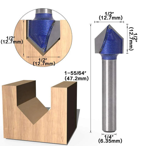 Close-up of Yakamoz router bit, 1/4 in shank, 90° V-groove; blue carbide tip; includes 1/4-1/2 in diameters.