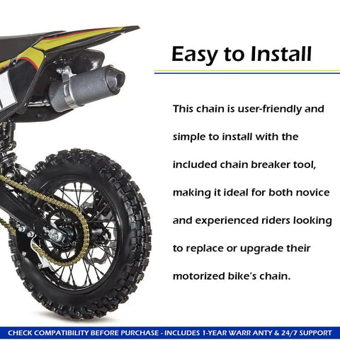 Gold Chain With Connector Link For 49cc 60cc 66cc 80cc 2 Stroke Motorized Bicycle Heavy Duty Racing Chain With Six Chain Links And Chain Breaker Tool displayed on a dirt bike.