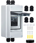 Pro Grade Solar Panel Disconnect Switch And 10 Amp DC 1000V RV Circuit Breaker Box With IP66 Weather Seal, white enclosure.