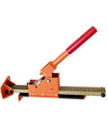 Flooring jack tool, side view; orange heavy-duty body with red handle for tongue-and-groove plank installation
