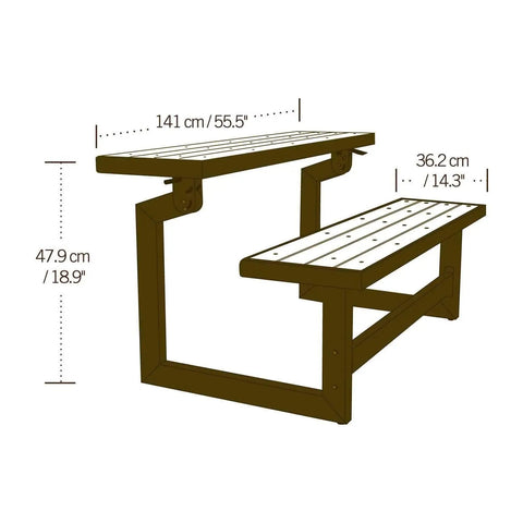 Convertible Bench To Table In Seconds Outdoor Furniture with Faux Wood Look, dimensions labeled, ultra stable, easy to use.