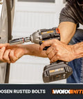 Man using 20-Volt One-Half Inch Cordless Impact Wrench With Brushless Motor, Battery And Charger Included, Model WX272L on tire