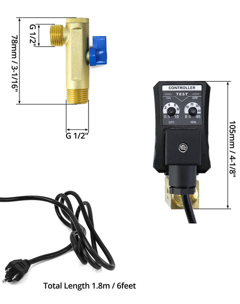 Automatic Timed Condensate Drain Valve Set Of Four One Half Inch AC 110V with US Plug, showing dimensions and test button.