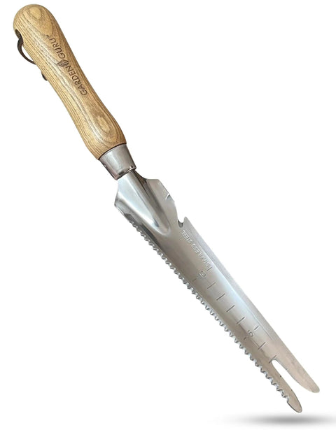 Ergonomic Do-It-All Hand Weeder Trowel 5-In-1 Stainless Steel Garden Tool with wooden handle, side view