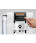 Slick Smart Fully Automatic Coffee Center With Dope Hot And Cold Brew Options Ai Powered Touchscreen Wifi App Control Integrated Grinder Diamond White Finish close-up of touchscreen and user interaction.