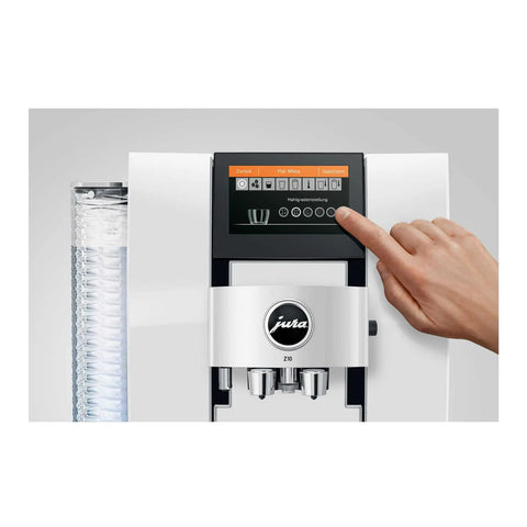 Slick Smart Fully Automatic Coffee Center With Dope Hot And Cold Brew Options Ai Powered Touchscreen Wifi App Control Integrated Grinder Diamond White Finish close-up of touchscreen and user interaction.