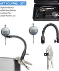 DXphita disc brake rotor runout gauge set with 1'' digital indicator, stem holder and locking plier in a case