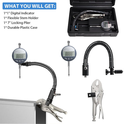 DXphita disc brake rotor runout gauge set with 1'' digital indicator, stem holder and locking plier in a case