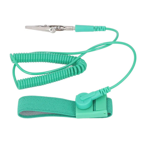 Close-up of an anti-static wrist strap with coil cord and alligator clip, part of the 10 Pack Anti Static Wrist Straps With Adjustable Length And 1 Mega Ohm Resistor Grounding Bracelets For Electronics ESD Safe Assembly And Repair Tools For Workbench And Tech Projects