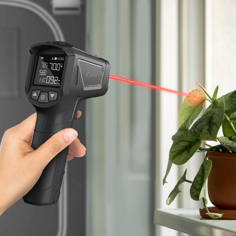 Leaf VPD And Temperature Meter, Handheld Environmental Monitor for Home Grow Setups, displaying infrared thermometer in use