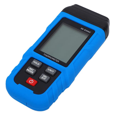 Prograde K And J Type Digital Thermocouple Thermometer Usb Rechargeable High Temp Data Logger Quad Channel Industrial Temperature Tester, blue handheld design with digital display and buttons.