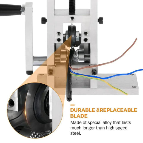 Close-up view of Manual Electric Wire Stripper Machine Adjustable Blade For Copper Cable Peeling showing durable alloy blade and cable.
