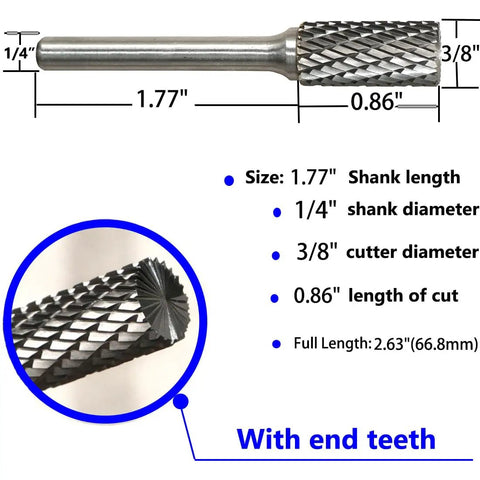 Beefed Up Pro Grade Tungsten Carbide Rotary Burr Set For Die Grinders One Quarter Inch Shank SB Three Double Cut Bits detail view