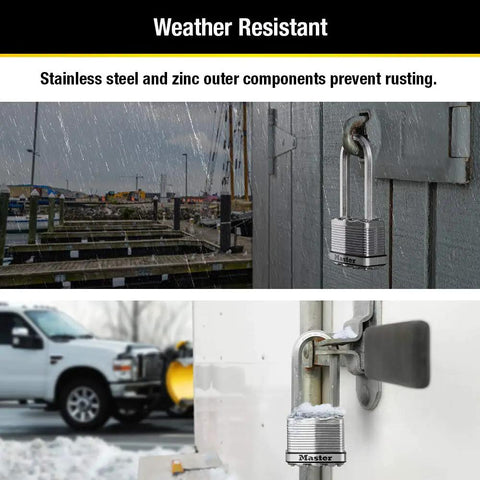 Built Tough Heavy Duty Outdoor Padlock With Key, 2 Pack Keyed Alike on fence in rain and on snowy storage unit