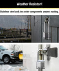 Heavy Duty Outdoor Padlock With Key 4 Pack Keyed-Alike Dual Armor Laminated Steel Body in weather conditions