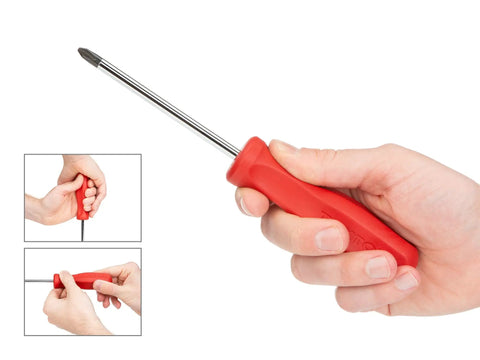 Hand holding Hard-Handle Screwdriver Set 16 Piece With Two Stubby 1.5 Inch Drivers Eight Standard 4 Inch Drivers Six Long 8 Inch