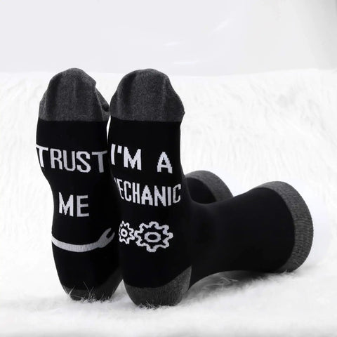 Two Pairs Mechanic Socks Gift Set With Trust Me I Am A Mechanic Phrase Unisex Crew Socks showing text and gear design, size 5-13