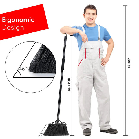 Heavy Duty 3 Pack Broom Set With 55 Inch Telescoping Pole And Padded Eva Grip For Cleaning, shown at 55.1 inches with ergonomic design.