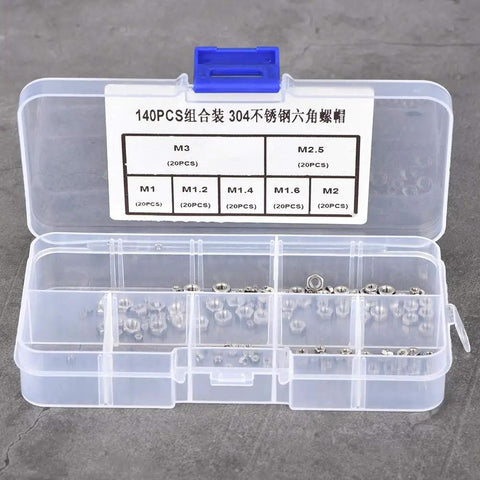 140 Piece Hex Nut Set In 304 Stainless Steel With M1 M1.2 M1.4 M1.6 M2 M2.5 M3 Sizes in storage box