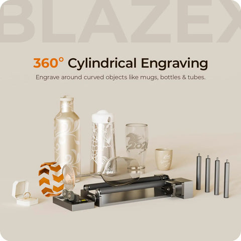 Rotary Roller And Risers Kit For M3 Laser Engraver With 360 Degree Cylindrical Engraving Module shown with bottles and cans