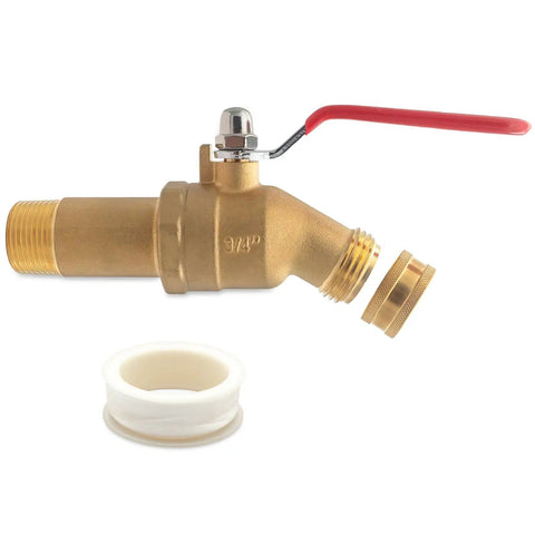 Three Quarter Inch MNPT Full Port Brass Water Heater Drain Valve With Two Inch Shank And 180 Degree Handle Garden Hose Adapter