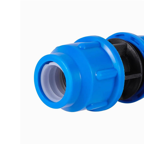 Close-up of Heavy Duty Pe Water Pipe Quick Connector With Quick Shut Off Valve Durable Plastic Coupling Fittings.