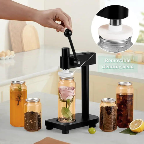 Heavy Duty Manual Can Sealer Machine For Aluminum And Plastic Cans With Adjustable Height Cup Sealers on kitchen counter with jars