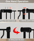 Diagrams showing one-hand operation for Extra Wide Baby Gate 62 To 67 Inch Walk Through Pressure Mounted No Drill Doorway Gate 30 Inch Tall