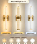 Two Pack Battery Operated Wall Sconces with gold finish, showing 3 color temperatures and 5 brightness levels for indoor mood lighting.